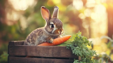 A charming rabbit sits in a wooden box, resting on a fresh carrot with greenery. This delightful scene captures the essence of nature, evoking feelings of joy and innocence.の素材