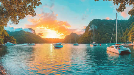 Experience a breathtaking sunset over calm waters, featuring moored yachts in a tranquil bay surrounded by lush hills. A perfect escape for nature lovers.の素材