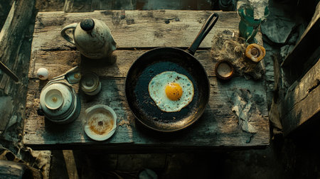 A rustic kitchen table scene featuring a frying egg in a vintage pan, surrounded by old utensils and dishes that evoke a sense of nostalgia and home cooking.の素材