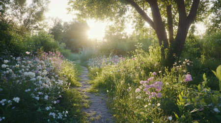 A serene pathway meanders through a blooming wildflower garden illuminated by the warm sunlight of sunrise, creating a peaceful and inviting atmosphere.の素材