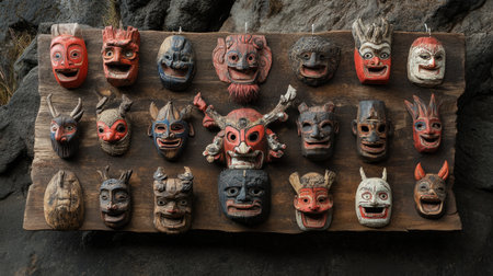 A vibrant array of traditional carved masks displayed on a rustic wooden board, showcasing intricate designs, emotions, and cultural significance in a natural setting.の素材