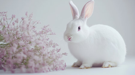 This charming image features an adorable white rabbit next to delicate pink flowers, creating a serene and tranquil atmosphere perfect for nature-themed projects.の素材