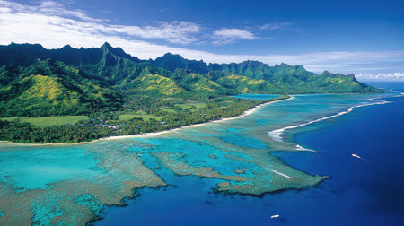 This stunning aerial view captures the vibrant turquoise waters against lush green mountains, presenting a stunning tropical landscape perfect for relaxation and adventure.の素材