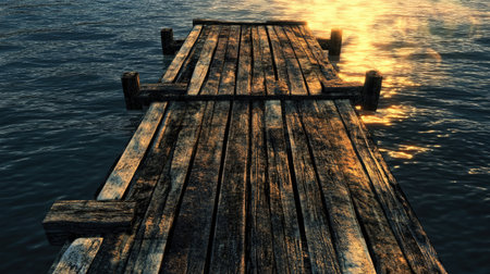A rustic wooden pier extends over calm water, capturing the beautiful colors of sunset. The golden reflections create a serene and tranquil atmosphere, perfect for relaxation.の素材