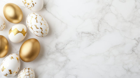 Celebrate Easter with this elegant arrangement of beautifully decorated eggs featuring gold accents on a stylish marble surface, creating a luxurious festive atmosphere.の素材