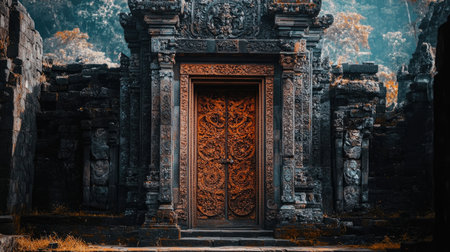 Explore the breathtaking intricacies of this ancient temple entrance featuring detailed carvings and a weathered stone finish, set in a serene natural landscape.の素材