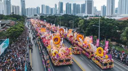An aerial view of a vibrant parade featuring beautifully decorated floats and excited crowds. The urban backdrop showcases modern buildings under a sunny sky, embodying a festive atmosphere.の素材