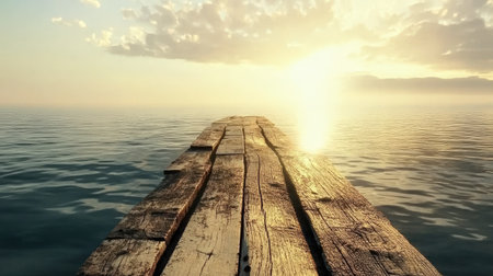 Experience the tranquility of a serene sunrise over calm waters from a weathered wooden pier. The soft light creates a perfect atmosphere for reflection and relaxation.の素材