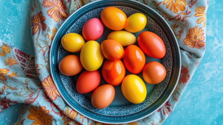 A beautiful arrangement of colorful Easter eggs on a decorative plate. The vibrant hues create a joyful atmosphere, perfect for spring celebrations.の素材