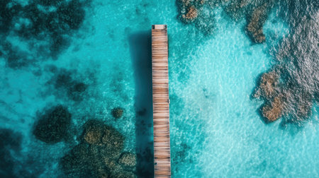 Beautiful aerial shot of a wooden dock extending into clear turquoise waters, surrounded by coral and rocky formations, ideal for relaxation and travel inspiration.の素材