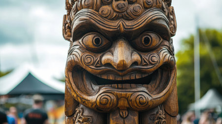 A stunning wooden sculpture featuring a traditional cultural figure with intricate carvings. This art piece reflects craftsmanship and heritage, set against a vibrant backdrop.の素材