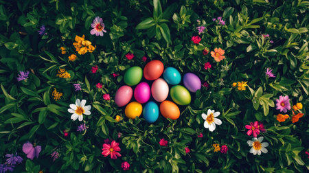 A delightful arrangement of colorful Easter eggs surrounded by vibrant flowers and lush greenery, capturing the essence of spring celebrations and joyful traditions.の素材