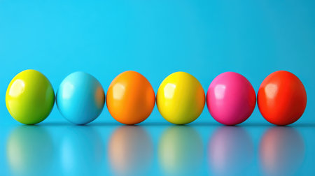A vibrant display of colorful eggs in a row against a bright blue background, perfect for representing joy and celebration during festive occasions.の素材