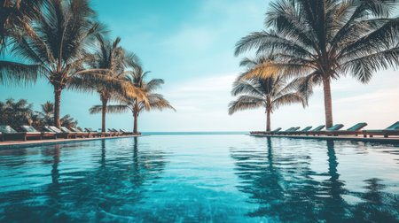 Experience the ultimate relaxation in this serene tropical pool oasis surrounded by lush palm trees under a clear blue sky. Ideal for vacationers!の素材