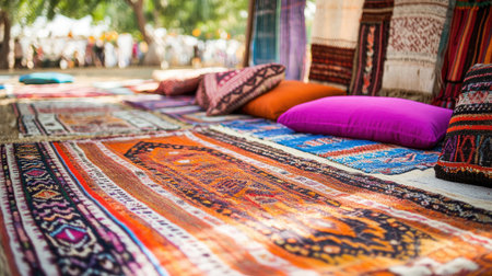 A vibrant display of colorful textiles and cushions creates a welcoming outdoor atmosphere, perfect for relaxation and artistic inspiration in a lively market scene.の素材