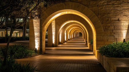 A serene night walkway featuring illuminated arches, creating a tranquil atmosphere surrounded by lush greenery and architectural beauty. Ideal for peaceful strolls.の素材