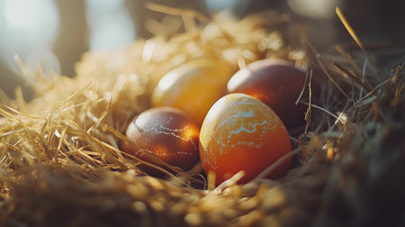 A close-up view of beautifully decorated Easter eggs resting in a straw nest. The warm sunlight highlights the vibrant colors, perfect for spring celebrations.の素材