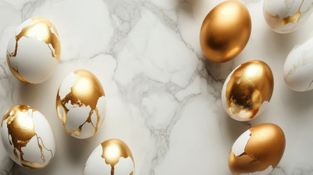 Discover a beautiful arrangement of elegant golden eggs on a smooth marble surface, perfect for spring celebrations, festive decor, and luxury artistry.の素材
