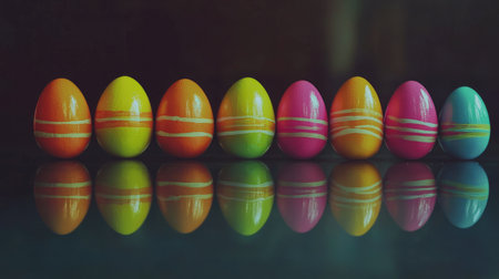 A stunning arrangement of colorful decorated Easter eggs showcasing vibrant shades and artistic patterns, reflecting beautifully on a glossy surface, perfect for celebrating the holiday.の素材