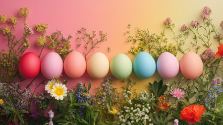 A vibrant arrangement of colorful Easter eggs surrounded by fresh flowers against a soft gradient background. Perfect for spring celebrations and holiday themes.の素材