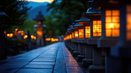 A serene evening pathway illuminated by glowing lanterns in a beautiful garden. The tranquil atmosphere invites peaceful strolls amidst nature's charm.の素材