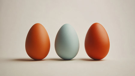 A stunning arrangement of three colorful eggs, showcasing vibrant orange and soft blue hues against a neutral background, perfect for spring celebrations and creative projects.の素材