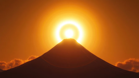 A stunning sunrise casts a vibrant orange glow over a snow-capped volcano, creating a dramatic halo effect. The serene landscape captures the beauty of nature.の素材