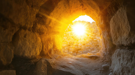 Breathtaking view of sunlight streaming through an ancient stone window, creating a warm glow. The scene captures the beauty of nature and historic architecture.の素材