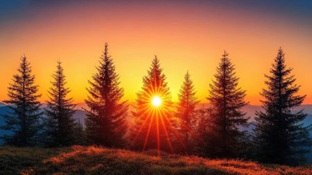 Breathtaking view of a sunset illuminating pine trees, showcasing vibrant colors and a warm atmosphere. Ideal for nature enthusiasts and landscape lovers.の素材