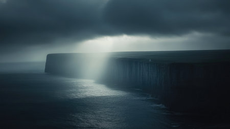 A captivating view of ocean cliffs under dark clouds. A beam of light breaks through, illuminating the water, creating a serene and dramatic atmosphere.の素材