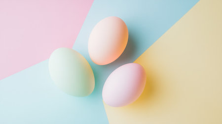 Three soft pastel eggs sit elegantly against a colorful geometric backdrop, perfect for spring celebrations, seasonal decorations, and creative projects.の素材