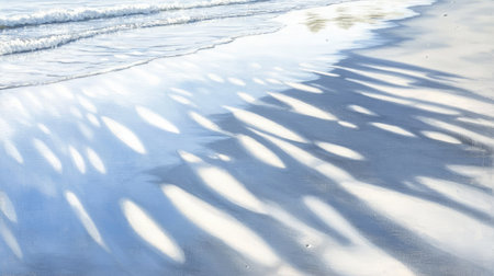 A serene beach scene showcasing soft shadows cast by gentle waves on the smooth sand. This tranquil landscape evokes a sense of peace and relaxation.の素材