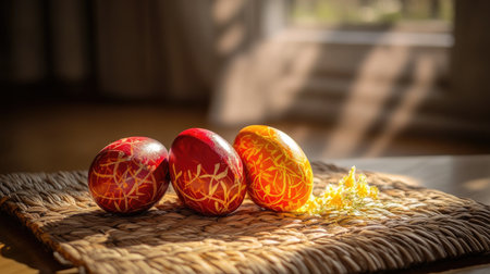 A beautiful arrangement of colorful Easter eggs on a natural fiber mat, illuminated by soft sunlight. This image captures the essence of spring celebrations and artistic decor.の素材