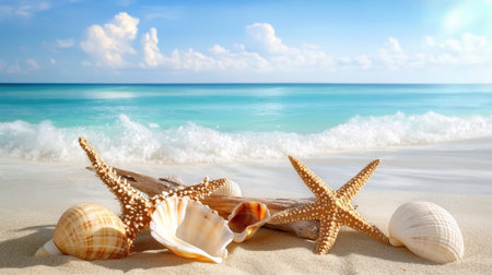 A serene beach scene showcasing beautiful seashells and starfish on soft white sand, with gentle waves lapping and a vibrant sky. Perfect for conveying vacation vibes.の素材