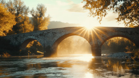 A tranquil scene featuring a historic stone bridge illuminated by a warm sunset. The calm river below reflects the stunning light, creating a serene atmosphere.の素材