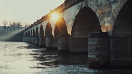 A stunning sunset illuminates an ancient stone bridge, casting reflections in the tranquil river below. The scene captures a perfect moment of serenity and history.の素材