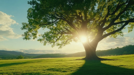 A majestic tree stands proudly in a grassy meadow, illuminated by warm sunlight. This serene landscape captures the beauty of nature, ideal for relaxation and outdoor themes.の素材