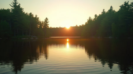Captivating view of a serene lake at sunrise, surrounded by lush trees. The soft sunlight creates a beautiful reflection on the calm water, evoking peace.の素材