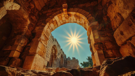 A stunning view of sunlight bursting through an ancient stone archway, highlighting the beauty of historical ruins and creating a captivating landscape.の素材
