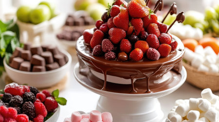 A stunning chocolate cake adorned with an abundance of fresh berries, ideal for celebrations or gatherings. A feast for the eyes and palate!の素材