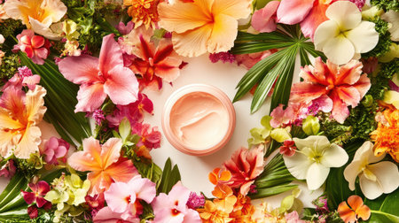 Beautiful floral arrangement featuring a jar of cream surrounded by vibrant tropical flowers. This image symbolizes beauty, freshness, and relaxation in skincare.の素材