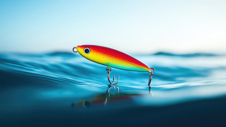 A colorful fishing lure stands upright on the water's surface, reflecting the serene blues of nature. Perfect for capturing the essence of fishing adventures.の素材