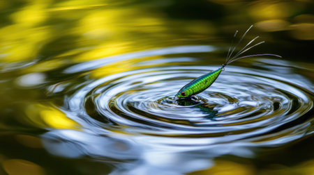 A vibrant fishing lure glimmers atop a tranquil water surface, creating ripples that enhance the serene nature backdrop. Perfect for outdoor enthusiasts.の素材
