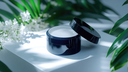 A sleek black cosmetic jar elegantly placed against a backdrop of lush green leaves and delicate flowers, evoking a sense of natural beauty and tranquility.の素材