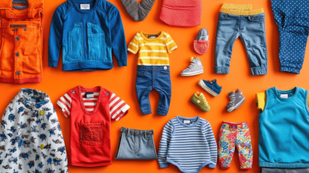 Explore a vibrant assortment of kids' clothing and accessories, featuring colorful shirts, pants, and shoes arranged artistically on a bright orange background.の素材