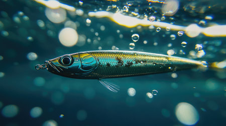 A stunning underwater image of a luminous fish gliding gracefully through clear water, surrounded by shimmering air bubbles and gentle sunlight reflections.の素材