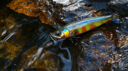 A vibrant and colorful freshwater fish resting on a rocky surface in a clear river, showcasing intricate details and patterns in a serene aquatic environment.の素材