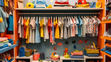 Brightly colored children's clothing hangs neatly in a retail store, showcasing a variety of styles and textures. Perfect for a fashion display or nursery decor.の素材