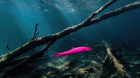 A stunning pink fish gracefully swims through a serene underwater environment filled with branches and soft sunlight, showcasing the beauty of aquatic life.の素材