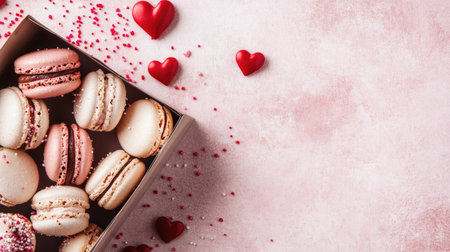A delightful arrangement of colorful macarons in a gift box, surrounded by heart decorations on a soft pink background, perfect for special occasions.の素材